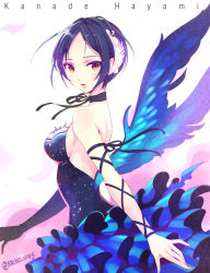 Rule 34 | 10s, 1girl, bare shoulders, blue hair, breasts, character name, collar, dress, feather hair ornament, feathers, gloves, hair ornament, hayami kanade, idolmaster, idolmaster cinderella girls, idolmaster cinderella girls starlight stage, looking at viewer, nishimura eri, parted bangs, ribbon, short hair, single glove, solo, twitter username, wings, yellow eyes