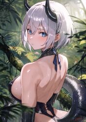 Rule 34 | 1girl, absurdres, bare back, black horns, blue eyes, blush, breasts, collarbone, commentary request, highres, horns, jungle, large breasts, looking at viewer, looking back, nature, original, outdoors, short hair, sideboob, solo, sooon, sweat, tail, white hair