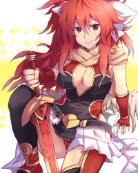 Rule 34 | 1girl, arm support, black thighhighs, blush, breasts, brown scarf, character request, cleavage, closed mouth, feathered wings, fingerless gloves, gloves, hair between eyes, hair ribbon, holding, holding sword, holding weapon, large breasts, long hair, looking at viewer, low wings, panties, pantyshot, red eyes, red gloves, red hair, red panties, ribbon, scarf, shinrabanshou, showgirl skirt, sitting, smile, solo, sword, thighhighs, underwear, weapon, white ribbon, white wings, wings, yude