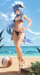 Rule 34 | 1girl, absurdres, ahoge, alternate costume, ankle strap, arm at side, bad id, bad pixiv id, ball, beach, beachball, bikini, black bikini, blue hair, blue nails, blue sky, breasts, cloud, colored tips, commentary, eyebrows hidden by hair, flower knot, full body, ganyu (genshin impact), genshin impact, goat horns, gold trim, hand on own hip, high heels, highres, horizon, horns, large breasts, legs, legs together, linea alba, lips, long hair, minttchocok, multicolored eyes, multicolored hair, nail polish, navel, ocean, parted lips, pumps, purple eyes, sidelocks, sky, solo, standing, swimsuit, thighlet, thighs, waves, white footwear