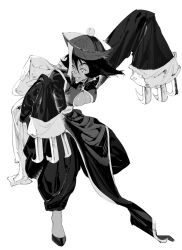 Rule 34 | 1girl, atie1225, breasts, claws, cleavage, hat, large breasts, lei lei, monochrome, pants, short hair, sleeves past wrists, vampire (game)