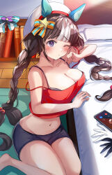 Rule 34 | 1girl, alternate costume, animal ears, asymmetrical gloves, bed, black gloves, black shorts, blush, bow, braid, breasts, brown hair, cellphone, cleavage, closed mouth, commentary request, ear bow, gloves, hanamura pink, highres, hokko tarumae (umamusume), horse ears, horse girl, indoors, large breasts, long hair, looking at viewer, mismatched gloves, multicolored hair, one eye closed, phone, purple eyes, red tank top, shorts, sitting, smartphone, solo, streaked hair, tank top, twin braids, umamusume, very long hair, white gloves, white hair, white headwear, yokozuwari