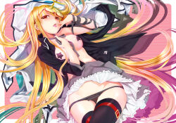 1girl absurdres arm_ribbon black_panties black_pasties black_thighhighs blonde_hair breasts choker fate_testarossa glasses highres long_hair lying lyrical_nanoha mahou_shoujo_lyrical_nanoha_strikers medium_breasts mikazuki_akira! on_back open_clothes panties panty_pull pasties red_eyes ribbon ribbon_choker solo star_pasties striped striped_background thighhighs tongue underwear