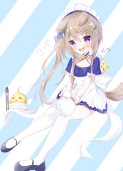 Rule 34 | 1girl, animal ears, animal hands, apron, azur lane, bell, bird, black footwear, blue background, blue dress, blush, brown hair, candy hair ornament, chick, choker, commentary request, crescent, crescent hair ornament, dog ears, dog tail, dress, food-themed hair ornament, gloves, hair ornament, hairclip, heart, highres, jingle bell, legs, long hair, maid, maid headdress, manjuu (azur lane), mary janes, mysterica hiro, nagatsuki (azur lane), nagatsuki (dangerous kitty maid?) (azur lane), open mouth, paw gloves, pink eyes, shoes, short dress, short sleeves, side ponytail, simple background, sitting, smile, striped, striped background, tail, thighhighs, torpedo, white apron, white gloves, white thighhighs