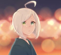 Rule 34 | 1boy, ahoge, aqua eyes, aqua kimono, blurry, blurry background, bokeh, commentary, depth of field, from side, green eyes, heterochromia, highres, japanese clothes, kimono, looking at viewer, male focus, mi no take, night, signature, solo, upper body, utatane piko, vocaloid, white hair