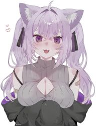 1girl :3 ahoge animal_ear_fluff animal_ears artist_name bandaid bandaid_on_arm bare_shoulders blush breasts cat_ears cat_girl cleavage cleavage_cutout clothing_cutout crossed_arms diamond_cutout double-parted_bangs double_strap_slip fang grey_vest hair_between_eyes hair_ribbon heart highres hololive jacket large_breasts long_hair long_sleeves looking_at_viewer mofumin nekomata_okayu nekomata_okayu_(8th_costume) official_alternate_costume official_alternate_hair_length official_alternate_hairstyle open_mouth puffy_sleeves purple_eyes purple_hair purple_jacket ribbon shirt simple_background skin_fang sleeveless sleeveless_shirt sleeveless_turtleneck sleeves_past_fingers sleeves_past_wrists smile solo strap_slip turtleneck twintails twitter_username upper_body vest virtual_youtuber white_background