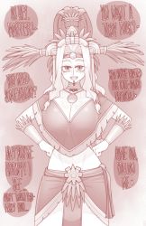 Rule 34 | 1girl, aztec, blonde hair, breasts, cleavage, clothes lift, ekz (robotekz), english text, facing viewer, fate (series), hands on own hips, highres, large breasts, looking at viewer, monochrome, pelvic curtain, poncho, quetzalcoatl (fate), red theme, solo, teeth, upper teeth only