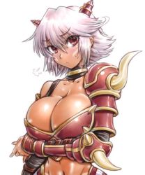 Rule 34 | .hack//, .hack//games, 1girl, amania orz, arm under breasts, armor, asymmetrical clothes, bare shoulders, bikini armor, black rose (.hack//), breasts, cleavage, dark-skinned female, dark skin, large breasts, navel, pink hair, red eyes, shiny clothes, shiny skin, short hair, solo, spikes, white background