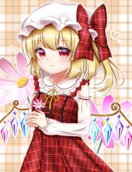 Rule 34 | 1girl, :3, alternate costume, arms up, blonde hair, blush, bow, breasts, commentary request, cowboy shot, detached sleeves, dress, flandre scarlet, floral background, flower, hair ribbon, hat, heart, highres, holding, holding flower, long sleeves, looking at viewer, mob cap, nyanyanoruru, own hands together, pinafore dress, plaid, plaid background, plaid bow, plaid dress, red dress, red eyes, ribbon, short hair, side ponytail, sleeveless, sleeveless dress, small breasts, solo, standing, touhou, white hat, wings
