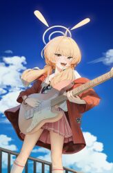 Rule 34 | 1girl, absurdres, ahoge, blonde hair, blue archive, blush, day, electric guitar, feet out of frame, guitar, halo, highres, holding, holding instrument, instrument, jacket, long hair, long sleeves, low twintails, open clothes, open jacket, open mouth, outdoors, pink skirt, pleated skirt, red jacket, shirt, skirt, smile, socks, solo, tagua, twintails, white shirt, white socks, yellow eyes, yellow halo, yoshimi (band) (blue archive), yoshimi (blue archive)