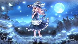 Rule 34 | 1girl, apron, black dress, blonde hair, bow, dress, feathers, finger to mouth, forest, full body, hat, hat bow, highres, kirisame marisa, mountain, nature, night, puffy short sleeves, puffy sleeves, risutaru, shirt, short sleeves, shushing, sky, solo, star (sky), starry sky, touhou, waist apron, witch hat, yellow eyes