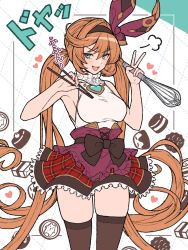 Rule 34 | 1girl, aqua eyes, bare shoulders, blush, breasts, brown thighhighs, chocolate, chopsticks, clarisse (granblue fantasy), clarisse (valentine) (granblue fantasy), granblue fantasy, grid background, hair ribbon, hairband, highres, large breasts, ll 0109, long hair, looking at viewer, open mouth, orange hair, outside border, red skirt, ribbon, shirt, skirt, sleeveless, sleeveless shirt, smile, thighhighs, thighs, twintails, very long hair, whisk, white shirt