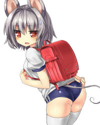 Rule 34 | 1girl, absurdres, adjusting buruma, adjusting clothes, alternate costume, animal ears, ass, backpack, bad id, bad pixiv id, bag, blush, buruma, greatmosu, grey hair, gym uniform, highres, looking at viewer, mouse ears, mouse tail, nazrin, open mouth, randoseru, red eyes, short hair, simple background, solo, sweatdrop, tail, thighhighs, touhou, translated, white background, white thighhighs