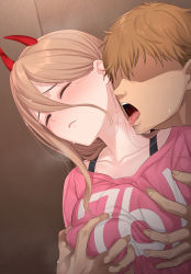 Rule 34 | 1boy, 1girl, blush, bra strap, grabbing another&#039;s breast, breasts, chainsaw man, closed eyes, collarbone, commentary, demon horns, denji (chainsaw man), english commentary, furrowed brow, grabbing, grabbing from behind, hair between eyes, hetero, highres, horns, jjanda, licking, licking another&#039;s neck, light brown hair, long hair, medium breasts, no eyes, open mouth, paid reward available, parted lips, pink shirt, power (chainsaw man), saliva, sharp teeth, shirt, short hair, solo focus, steaming body, sweat, teeth, tongue, tongue out, upper body