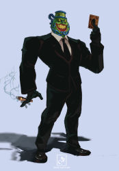 Rule 34 | absurdres, artist name, black gloves, black necktie, black suit, card, cigar, clip studio paint (medium), colored sclera, formal, full body, gloves, grey background, grin, hand up, highres, holding, holding card, making-of available, necktie, personification, pot of greed, shadow, simple background, smile, smoke, solo, standing, suit, yahyanass, yellow sclera, yellow teeth, yu-gi-oh!