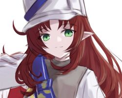 Rule 34 | 1girl, arknights, blue sash, commentary request, green eyes, hat, highres, jacket, kiwicci, long hair, looking at viewer, myrtle (arknights), myrtle (light gold celebration) (arknights), official alternate costume, pointy ears, red hair, sash, shako cap, shirt, simple background, solo, white background, white hat, white jacket, white shirt