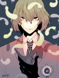 Rule 34 | 1boy, akechi gorou, artist name, black gloves, blood, blood on face, breast pocket, brown eyes, brown hair, coat, collared shirt, feathers, gloves, hair between eyes, hi (ibisf5umauma), holding, holding mask, looking at viewer, male focus, mask, necktie, persona, persona 5, pocket, shirt, short hair, simple background, solo, striped clothes, striped necktie, striped neckwear, twitter username, vertical-striped clothes, vertical-striped necktie