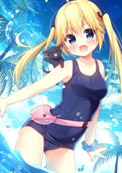 Rule 34 | &gt; &lt;, 1girl, :d, ahoge, animal, bare arms, bare shoulders, black cat, blonde hair, blue eyes, blue one-piece swimsuit, blue scrunchie, blue sky, blush, breasts, cat, closed eyes, cloud, cloudy sky, collarbone, commentary request, day, facing viewer, fang, fingernails, gluteal fold, grisaia (series), hair between eyes, hanamiya natsuka, head tilt, long hair, looking at viewer, matsushima michiru, old school swimsuit, one-piece swimsuit, open mouth, outdoors, palm tree, school swimsuit, scrunchie, sky, small breasts, smile, solo, swimsuit, tree, twintails, wading, water, wrist scrunchie
