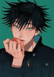 Rule 34 | 1boy, black hair, black jacket, buttons, commentary, crushing, eating, eyelashes, face, food, fushiguro megumi, green background, green eyes, hair between eyes, high collar, highres, holding, holding food, jacket, jujutsu kaisen, li chestnuts, long sleeves, looking at viewer, male focus, nose, open mouth, school uniform, short hair, simple background, solo, spiked hair, symbol-only commentary, tomato