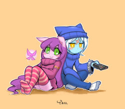 Rule 34 | 1boy, 1girl, animal ears, beanie, blue skin, blush stickers, colored skin, controller, fairy, green eyes, hat, league of legends, leaning on person, lulu (league of legends), pix (league of legends), purple hair, purple skin, remote control, sitting, socks, striped clothes, striped thighhighs, sweater, thighhighs, veigar, white hair, yan531, yellow eyes, yordle