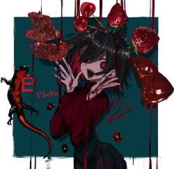 Rule 34 | 1girl, :d, black hair, black skirt, blood, blue background, bob cut, bug, cherry, colored inner hair, food, fruit, hands up, insect, ladybug, lizard, looking at viewer, medium hair, multicolored hair, narue, open mouth, original, red eyes, red hair, red sweater, ribbed sweater, ringed eyes, sharp teeth, skirt, smile, solo, strawberry, sweater, teeth, wide-eyed