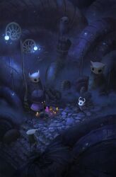 Rule 34 | commentary, cyclecircle, dark, english commentary, highres, hollow knight, jiji (hollow knight), knight (hollow knight), nail (hollow knight), no humans, outdoors, quirrel, rain, stairs, sword, weapon