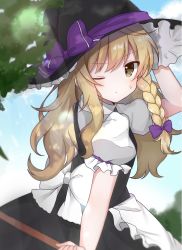 Rule 34 | 1girl, black dress, blonde hair, blue sky, blush, bow, braid, broom, brown eyes, closed mouth, commentary request, cowboy shot, day, doko ka no hosono, dress, hair between eyes, hair bow, hat, hat bow, holding, holding broom, kirisame marisa, long hair, looking back, outdoors, puffy sleeves, purple bow, shirt, short sleeves, side braid, single braid, sink, sky, solo, touhou, tree, white bow, white shirt, witch hat