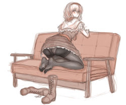 Rule 34 | 1girl, alice margatroid, ass, black pantyhose, blonde hair, blush, boots, unworn boots, bow, cape, couch, cross-laced footwear, crotch seam, dress, full body, hair bow, highres, kneeling, kuro suto sukii, lace-up boots, looking at viewer, looking back, panties, panties under pantyhose, pantyhose, pantyshot, sash, shoes, unworn shoes, simple background, sketch, solo, thighband pantyhose, touhou, underwear, upskirt, white background