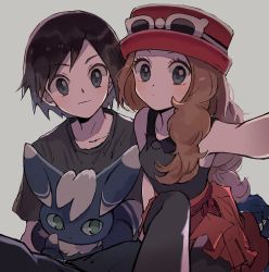 Rule 34 | 1boy, 1girl, brown hair, calem (pokemon), closed mouth, collared shirt, commentary request, creatures (company), eyelashes, eyewear on headwear, game freak, gen 6 pokemon, grey eyes, hat, highres, long hair, looking at viewer, meowstic, meowstic (male), nintendo, on lap, pants, pokemon, pokemon (creature), pokemon on lap, pokemon xy, red skirt, selfie, serena (pokemon), shirt, short sleeves, skirt, sleeveless, sleeveless shirt, sunglasses, t-shirt, thighhighs, tyou08665851, white-framed eyewear