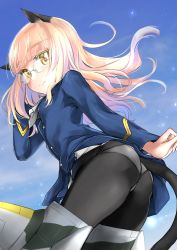 Rule 34 | 1girl, animal ears, aohashi ame, ass, black pantyhose, blonde hair, blush, breasts, cat ears, cat tail, closed mouth, glasses, highres, long hair, looking at viewer, looking back, military, military uniform, panties, panties under pantyhose, pantyhose, perrine h. clostermann, sky, small breasts, smile, solo, strike witches, tail, underwear, uniform, white panties, world witches series, yellow eyes