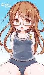 Rule 34 | 10s, 1girl, :o, arms behind back, bad id, bad pixiv id, brown eyes, brown hair, cameltoe, crescent, glasses, kantai collection, mashiro miru, mochizuki (kancolle), navel, one-piece swimsuit, red-framed eyewear, school swimsuit, school uniform, see-through, semi-rimless eyewear, shirt, simple background, solo, swimsuit, swimsuit under clothes, twitter username, under-rim eyewear, wet, wet clothes, wet shirt