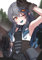 Rule 34 | 1girl, absurdres, armpits, black shorts, blue hair, blue tongue, blurry, blurry background, breasts, brown gloves, colored tongue, curly hair, gloves, gradient hair, grey hair, hair ornament, hand up, highres, holding, long hair, multicolored hair, one eye closed, open mouth, orange eyes, original, shirt, shorts, sleeveless, sleeveless shirt, small breasts, solo, sweat, tree, valefal coneri