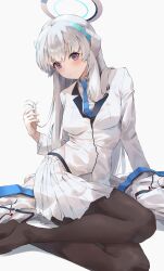 Rule 34 | 1girl, black pantyhose, blazer, blue archive, blue necktie, blush, closed mouth, coat, collared shirt, commentary, cropped legs, halo, headgear, highres, jacket, kuu (user gngs5284), lapels, long hair, looking at viewer, necktie, noa (blue archive), pantyhose, pleated skirt, purple eyes, shirt, simple background, sitting, skirt, smile, solo, unworn jacket, white background, white coat, white hair, white halo, white jacket, white shirt, white skirt, yokozuwari