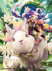 Rule 34 | 1girl, ahoge, animal ears, blush, rabbit, rabbit ears, rabbit tail, copyright name, earrings, force of will, fukuzou, fur trim, japanese clothes, jewelry, leaf, long hair, low twintails, necklace, official art, open mouth, purple hair, red eyes, sandals, socks, solo, sparkle, staff, tail, teeth, tree, twintails, yellow eyes