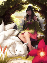 Rule 34 | 1girl, banajune, bare shoulders, black hair, black sclera, colored sclera, detached sleeves, closed eyes, flower, fox, grass, hat, highres, long hair, looking at viewer, multiple tails, nature, original, outdoors, pointy ears, pond, sitting, smile, tail, tree, water