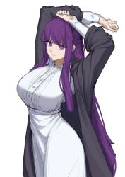Rule 34 | 1girl, absurdres, arms up, black robe, blunt bangs, breasts, commentary, dress, english commentary, expressionless, fern (sousou no frieren), highres, kansla, large breasts, long hair, open clothes, open robe, parted lips, purple eyes, purple hair, robe, simple background, solo, sousou no frieren, very long hair, white background, white dress