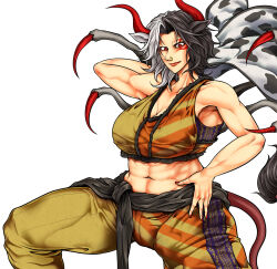 1girl abs animal_print arthropod_limbs black_hair black_sash breasts cleavage closed_mouth commentary_request cow_horns cow_print cow_tail crop_top curtained_hair facial_tattoo feet_out_of_frame haori highres horns japanese_clothes large_breasts looking_at_viewer medium_hair midriff multicolored_hair muscular muscular_female navel nose_piercing nose_ring pants piercing red_eyes ryuuichi_(f_dragon) sash shirt simple_background sleeveless sleeveless_shirt smile solo split-color_hair tail tattoo touhou tusks ushizaki_urumi white_background white_hair yellow_pants