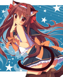 Rule 34 | 1girl, animal ears, bad id, bad pixiv id, bare shoulders, blush, boots, brown eyes, brown hair, cat ears, cat tail, hair ornament, hair ribbon, hairband, hairclip, high heels, knee boots, long hair, oniku (shimofuri-ke), original, ribbon, school uniform, serafuku, solo, star (symbol), starry background, tail, thighhighs, very long hair