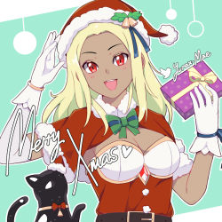 Rule 34 | 1girl, :d, animal, belt, blonde hair, bow, bowtie, box, breasts, cat, cleavage, dark-skinned female, dark skin, dusty (gravity daze), gift, gift box, gloves, gravity daze, green bow, green bowtie, hat, holding, holding gift, kitten (gravity daze), long hair, looking at viewer, medium breasts, merry christmas, open mouth, red bow, red bowtie, red eyes, santa costume, santa hat, smile, upper body, white gloves, yurax-mae