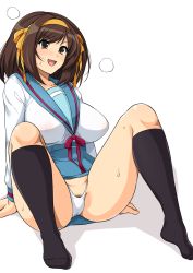 Rule 34 | 1girl, :d, arm support, arms behind back, black socks, blue sailor collar, blue skirt, bow, breasts, brown eyes, brown hair, clothes lift, commentary request, covered erect nipples, female pubic hair, hair bow, hairband, haruhisky, highres, kita high school uniform, kneehighs, knees up, large breasts, long sleeves, medium hair, miniskirt, no shoes, open mouth, orange bow, orange hairband, panties, pubic hair, pubic hair peek, red bow, sailor collar, school uniform, serafuku, shadow, shirt, shirt tucked in, simple background, sitting, skirt, skirt lift, sleeve cuffs, smile, socks, solo, spread legs, suzumiya haruhi, suzumiya haruhi no yuuutsu, sweat, thighs, underwear, v-shaped eyebrows, white background, white panties, white shirt
