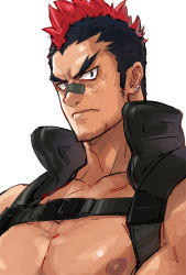 Rule 34 | 10s, 1boy, 329, bad id, bad pixiv id, bandaid, bandaid on face, bandaid on nose, black hair, chest harness, earrings, eyebrows, harness, holster, jewelry, kill la kill, kinagase tsumugu, male focus, mohawk, multicolored hair, muscular, nudist beach uniform, pectorals, red hair, shoulder holster, solo, topless male, two-tone hair