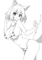 Rule 34 | 1girl, animal ear fluff, animal ears, ass, bare arms, bare legs, bare shoulders, breasts, cleavage, cowboy shot, greyscale, groin, inubashiri momiji, large breasts, looking at viewer, monochrome, navel, onkn sxkn, open mouth, pom pom (clothes), short hair, simple background, solo, tail, touhou, white background, wolf ears, wolf tail