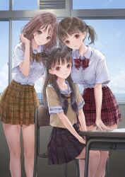 Rule 34 | 3girls, absurdres, blue reflection (series), blue reflection tie, brown eyes, brown hair, desk, double bun, hair bun, highres, kinjou yuki, kishida mel, looking at viewer, miyauchi rena, multiple girls, official art, plaid clothes, plaid skirt, red hair, ribbon, school uniform, shirt tucked in, sitting, skirt, utsubo kokoro