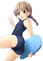 Rule 34 | 1girl, blue one-piece swimsuit, braid, commentary request, cowboy shot, kickboard, long hair, looking at viewer, low twintails, old school swimsuit, one-piece swimsuit, original, school swimsuit, shibacha, simple background, smile, solo, swimsuit, twin braids, twintails, white background