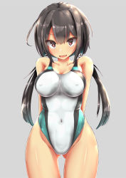Rule 34 | 1girl, arms behind back, black hair, breasts, brown eyes, collarbone, competition swimsuit, covered erect nipples, covered navel, cowboy shot, gluteal fold, green one-piece swimsuit, grey background, hair between eyes, hair ornament, highres, long hair, looking at viewer, low twintails, medium breasts, one-piece swimsuit, open mouth, original, simple background, smile, solo, sweatdrop, swimsuit, twintails, two-tone swimsuit, unomi, white one-piece swimsuit