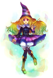 Rule 34 | 1girl, :d, belt, black pantyhose, blonde hair, bloomers, boots, cape, dress, gradient hair, green hair, grimgrimoire, hat, kara (color), lillet blan, long hair, multicolored hair, open mouth, pantyhose, purple eyes, smile, solo, underwear, wand, wavy mouth, witch hat, wizard hat