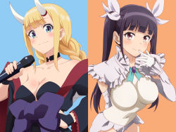 Rule 34 | 2girls, absurdres, artist request, black hair, blonde hair, blue background, blue eyes, blunt bangs, blush, breasts, cleavage, elbow gloves, gloves, highres, horns, kuon nanami, large breasts, long hair, looking at viewer, medium breasts, multiple girls, orange background, paripi koumei, skin tight, smile, tsukimi eiko, twintails