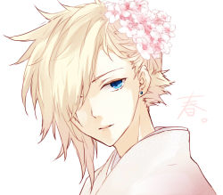 Rule 34 | 1990s (style), 1boy, bad id, bad pixiv id, bisuko, blonde hair, blue eyes, cherry blossoms, cloud strife, earrings, final fantasy, final fantasy vii, flower, hair flower, hair ornament, hair over one eye, jewelry, looking at viewer, male focus, retro artstyle, solo, trap