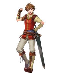 Rule 34 | 1boy, brown eyes, brown gloves, brown hair, edward (fire emblem), fingerless gloves, fire emblem, fire emblem: radiant dawn, fire emblem heroes, gloves, highres, looking at viewer, nintendo, non-web source, official art, open mouth, scabbard, sheath, smile, solo, sword, tachi-e, weapon