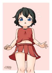 Rule 34 | 1girl, :&lt;, black hair, blue eyes, blush, bottomless, cheerleader, date, from below, gluteal fold, kaban (kemono friends), kemono friends, looking at viewer, multicolored clothes, multicolored skirt, navel, open mouth, sateraito1024, signature, simple background, skirt, undershirt